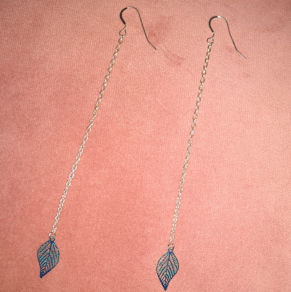 Solid 925 Sterling Silver Ear Wires Handmade Long Chain Blue Leaf Earrings New - Picture 8 of 9